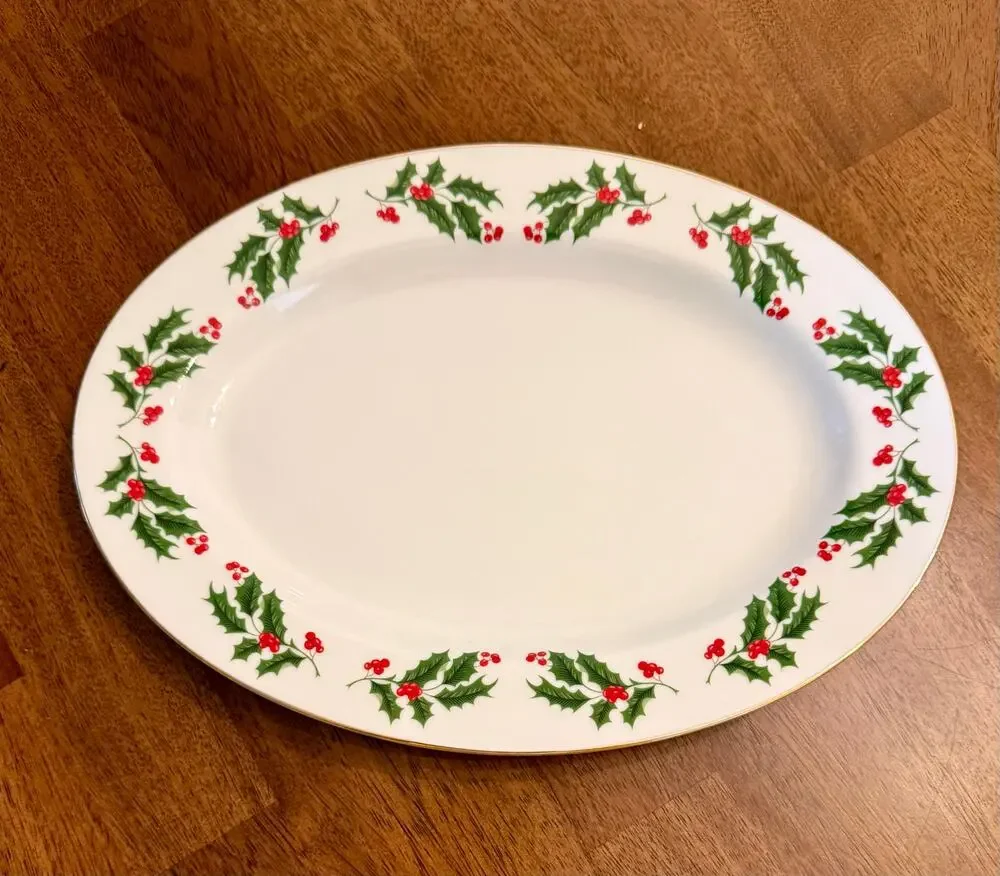 Christmas Holly Fine Porcelain 12 inch oval platter and nut dish.